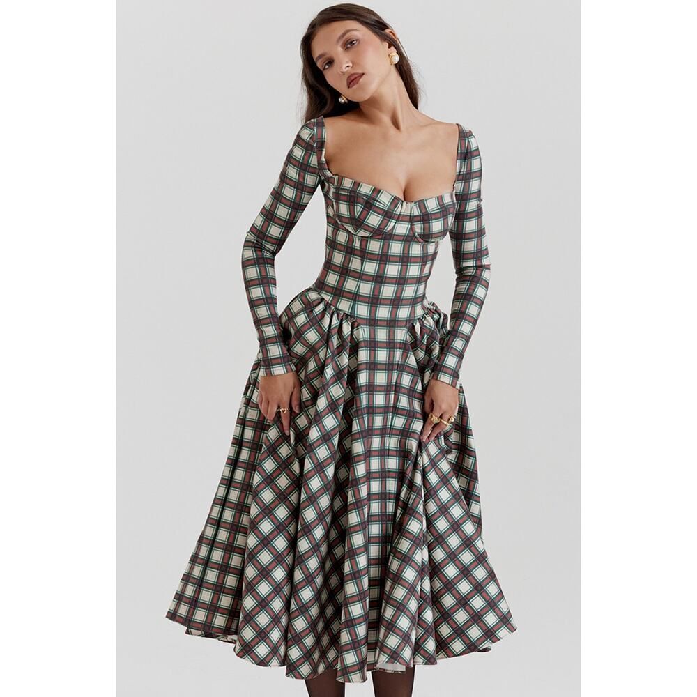 House of CB Eliza Tartan Long Sleeve Midi Dress M" Plus Cup